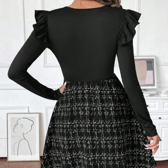 Women's Dress Patchwork Tweed Tight A Hem Waisted Long Sleeve - NWT - Picture 3 of 5